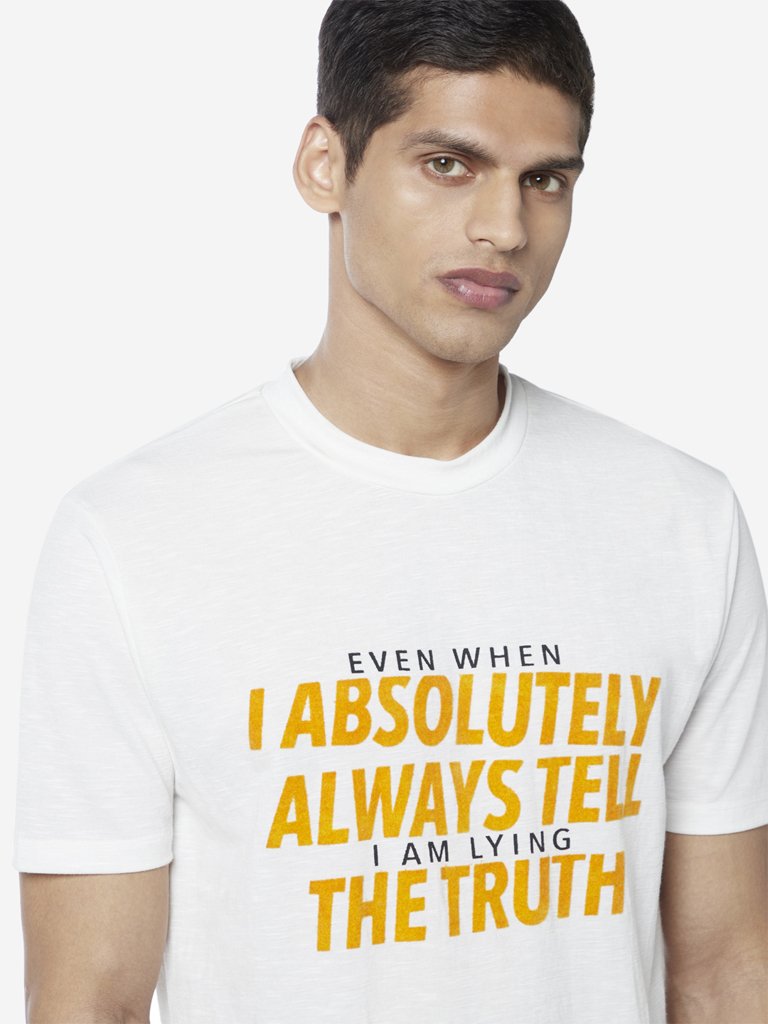 Nuon White Slim Fit Text Pattern T-Shirt