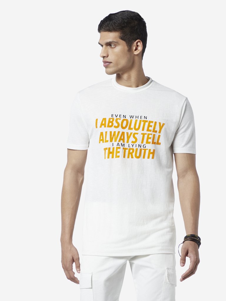 Nuon White Slim Fit Text Pattern T-Shirt
