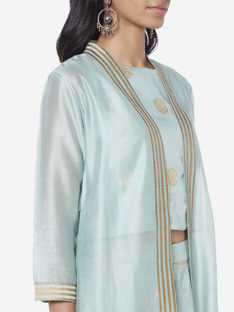 Vark Turquoise Crop-Top, Palazzos And Jacket Set