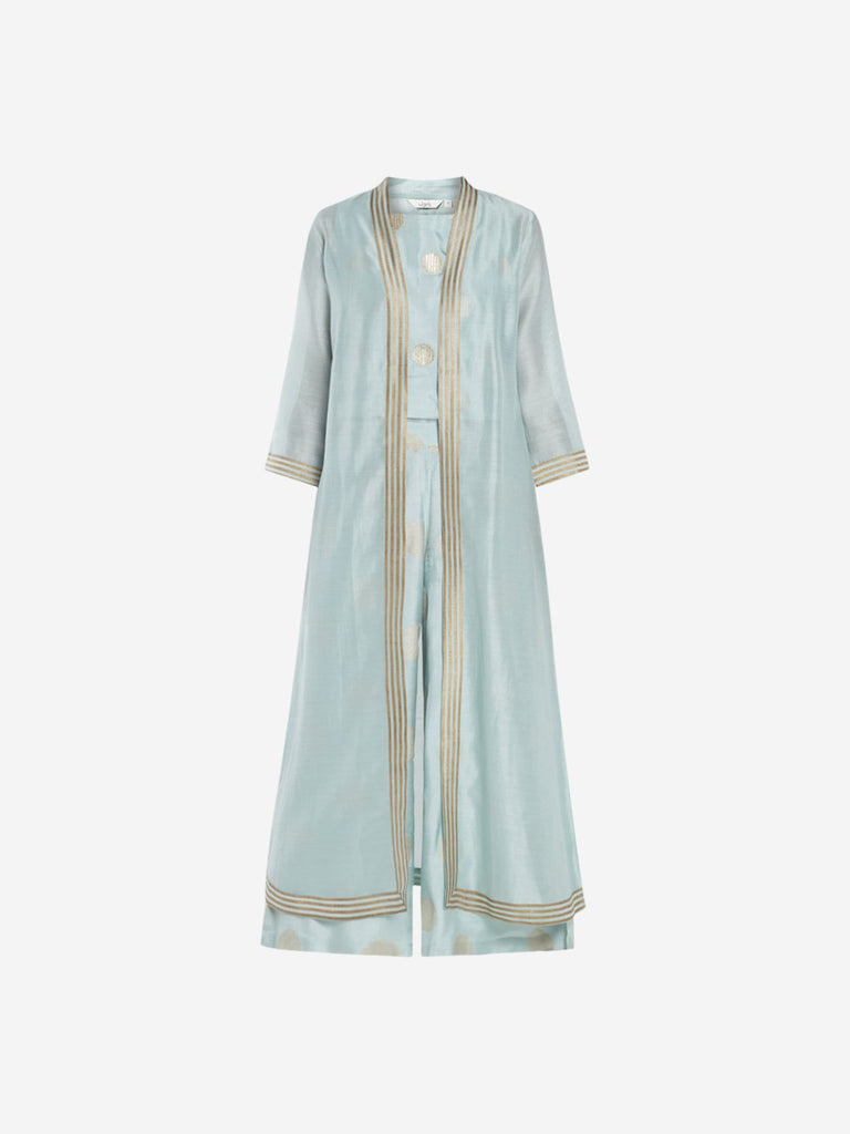 Vark Turquoise Crop-Top, Palazzos And Jacket Set