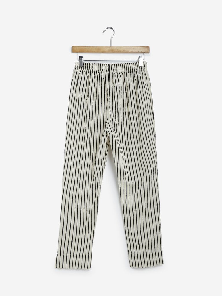 Utsa Off White Cotton-Linen Striped Ethnic Pants