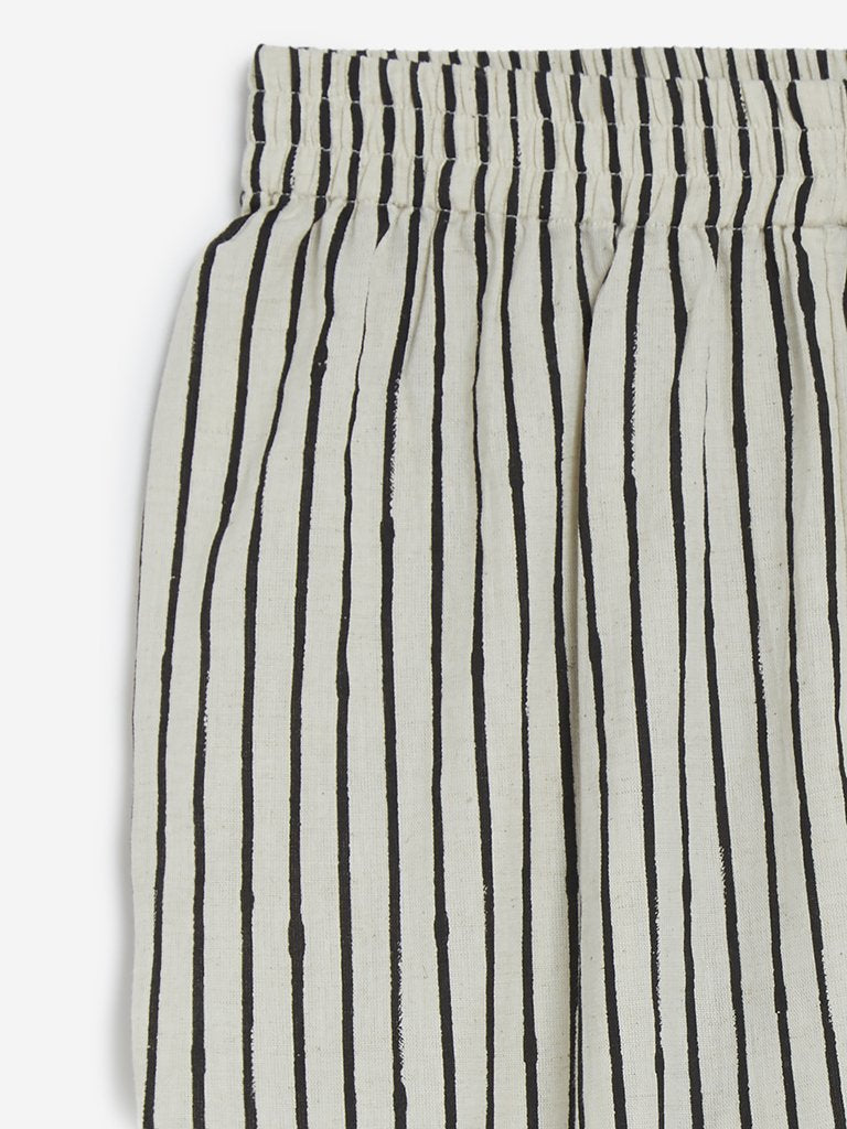 Utsa Off White Cotton-Linen Striped Ethnic Pants
