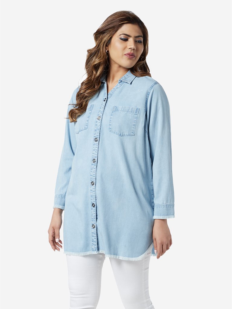 Sassy Soda Curve Light Blue Fray Casual Shirt