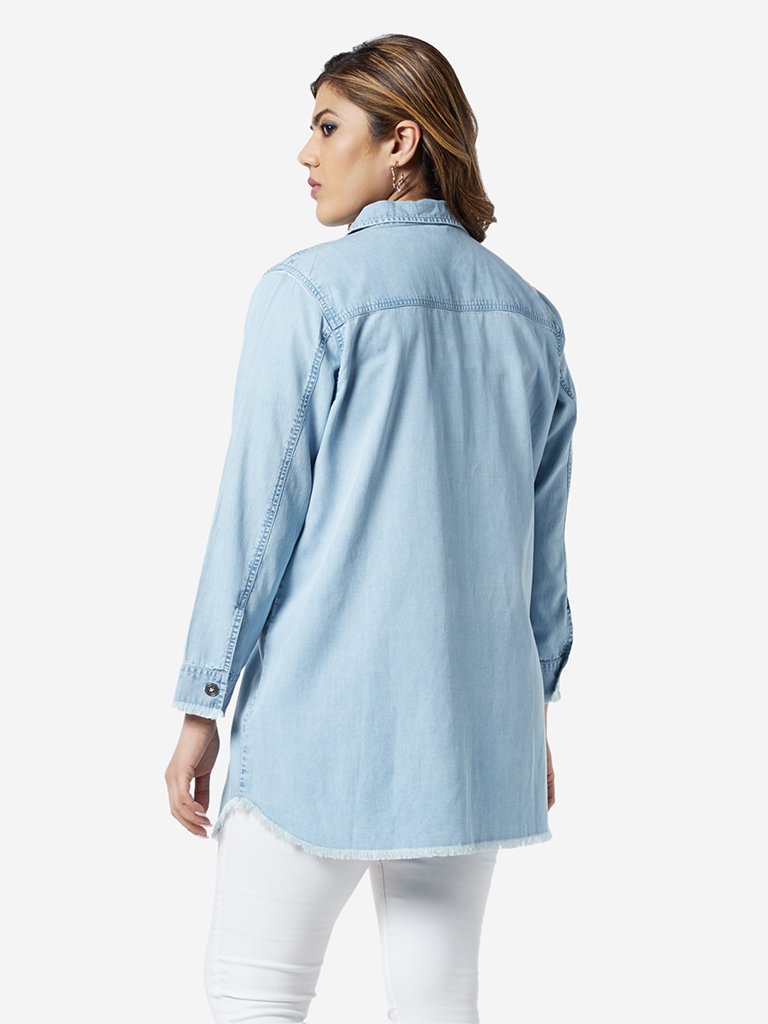 Sassy Soda Curve Light Blue Fray Casual Shirt
