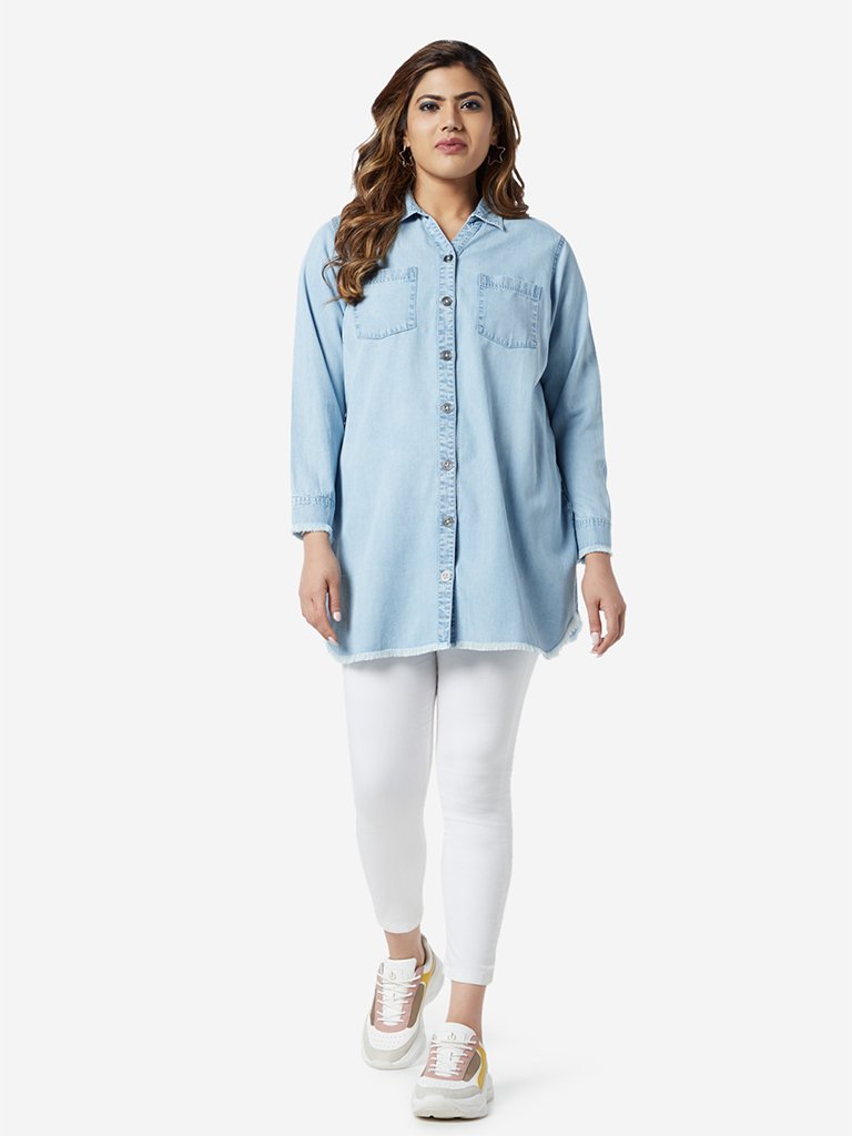 Sassy Soda Curve Light Blue Fray Casual Shirt