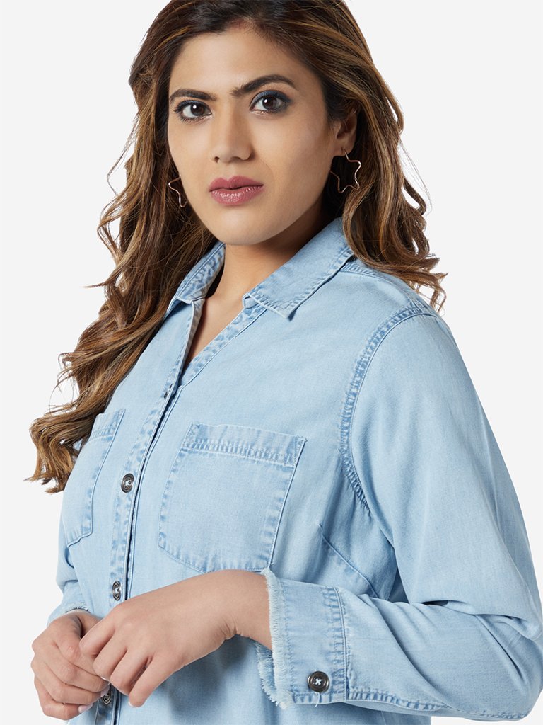 Sassy Soda Curve Light Blue Fray Casual Shirt