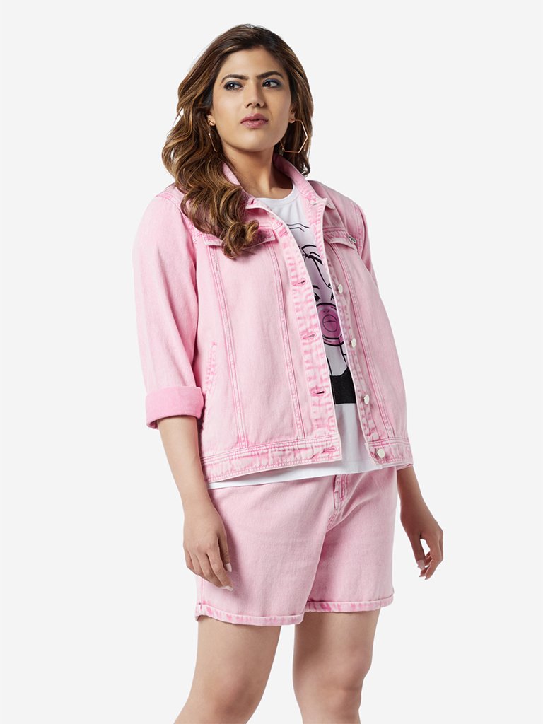 Sassy Soda Curve Pink Tucker Denim Jacket