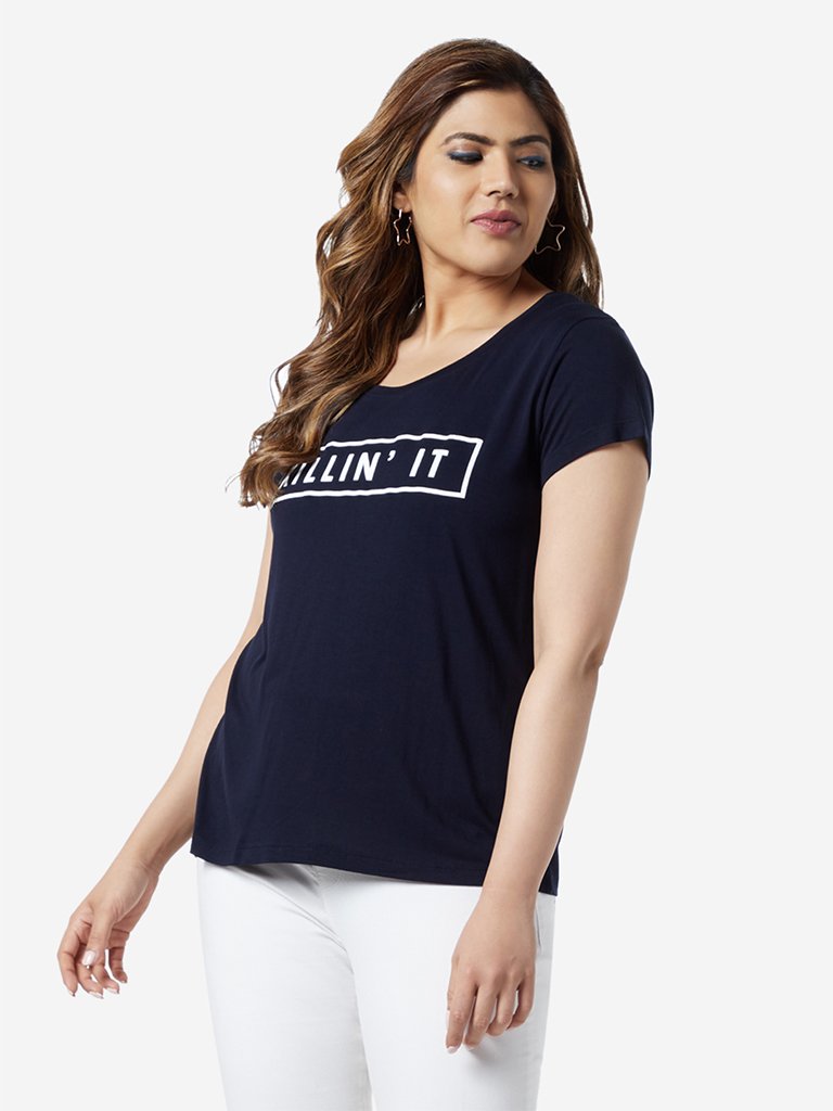 Sassy Soda Curve Navy Text Printed Edna T-Shirt