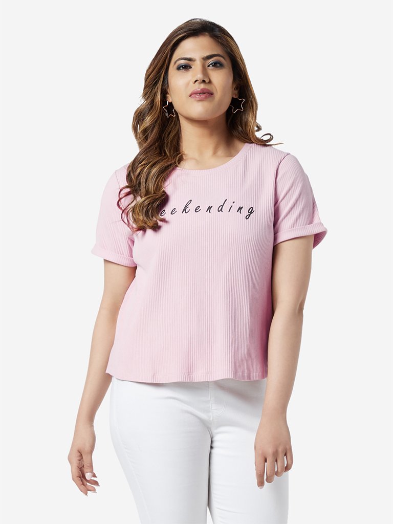 Sassy Soda Curve Light Pink Text Print T-Shirt