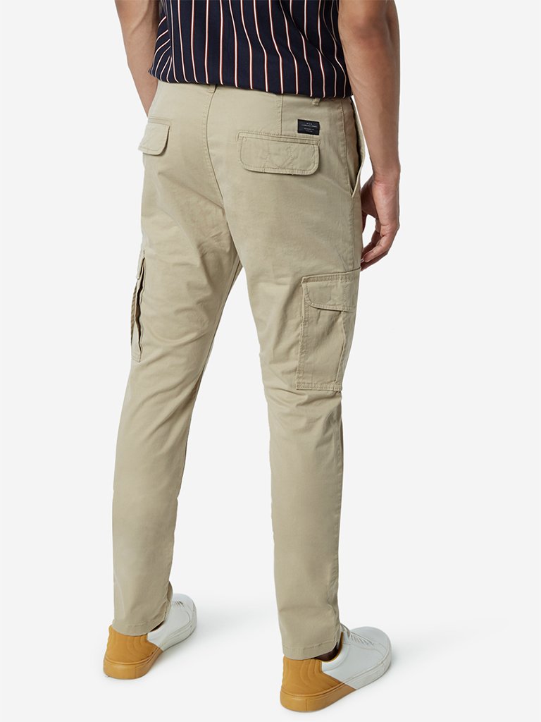 WES Casuals Beige Slim Fit Cargo Pants
