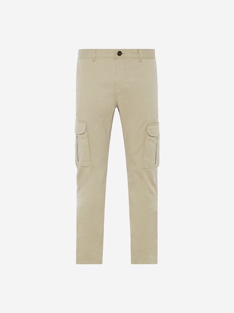 WES Casuals Beige Slim Fit Cargo Pants