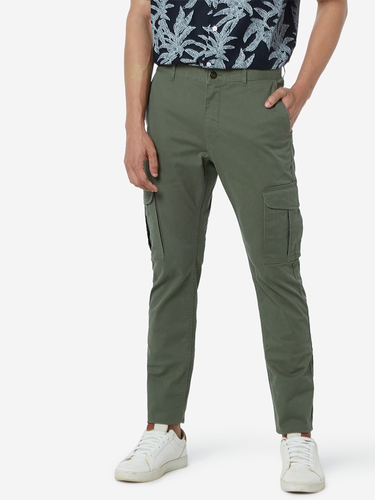 WES Casuals Olive Slim Fit Cargo Pants