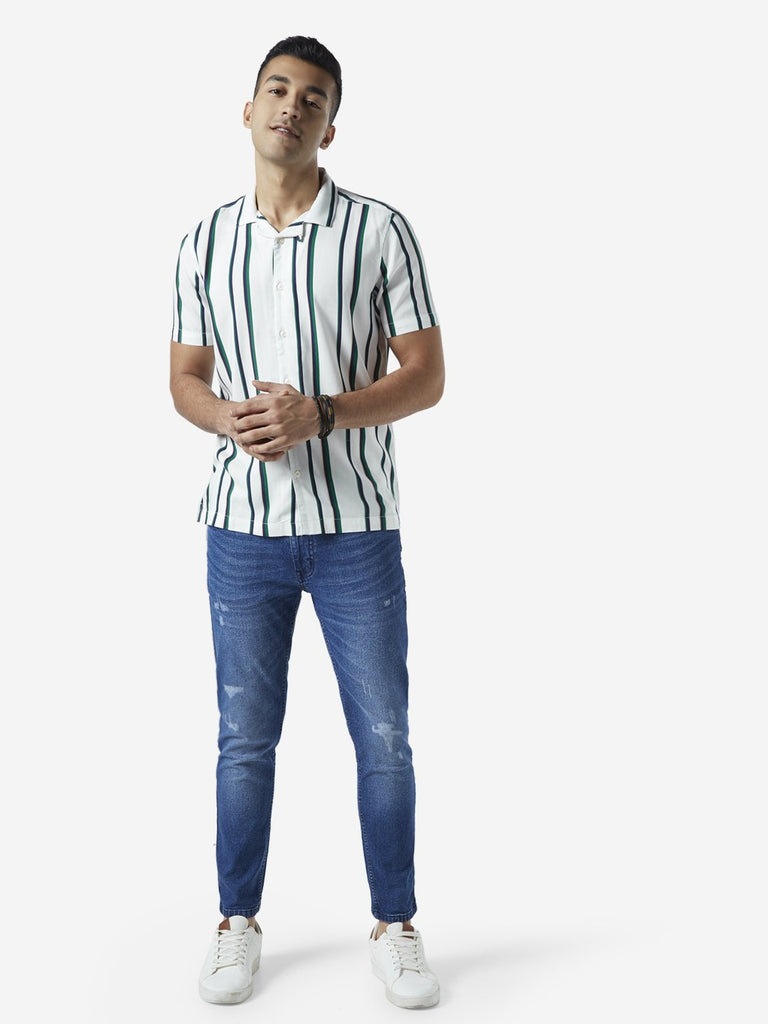Nuon White Stripe Print Relaxed Fit Shirt