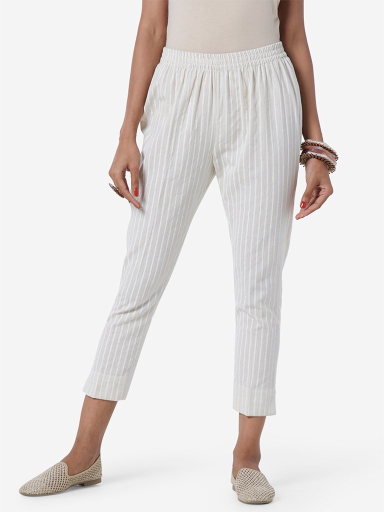 Utsa Off White Striped Cropped Ethnic Pants