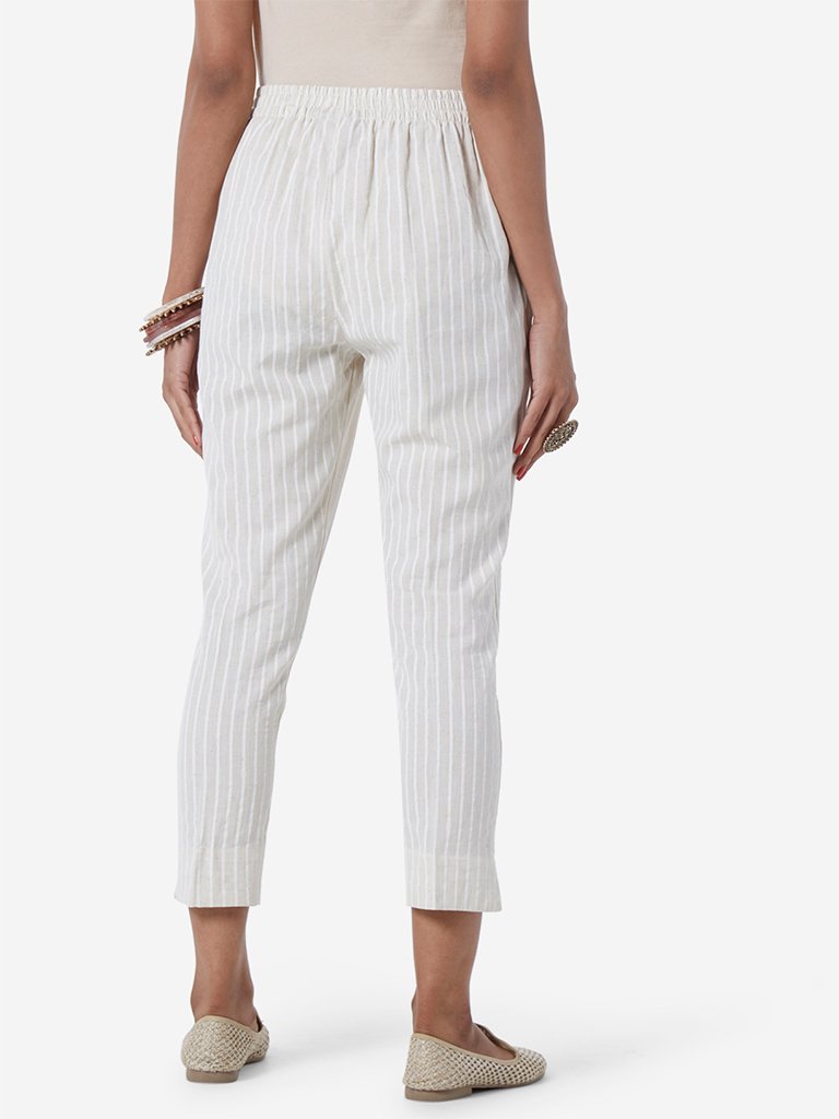 Utsa Off White Striped Cropped Ethnic Pants