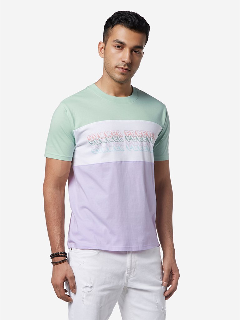 Nuon Sage Green Printed Slim Fit T-Shirt