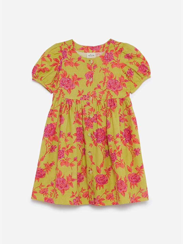 Utsa Kids Lime Puffed-Sleeved Floral Dress