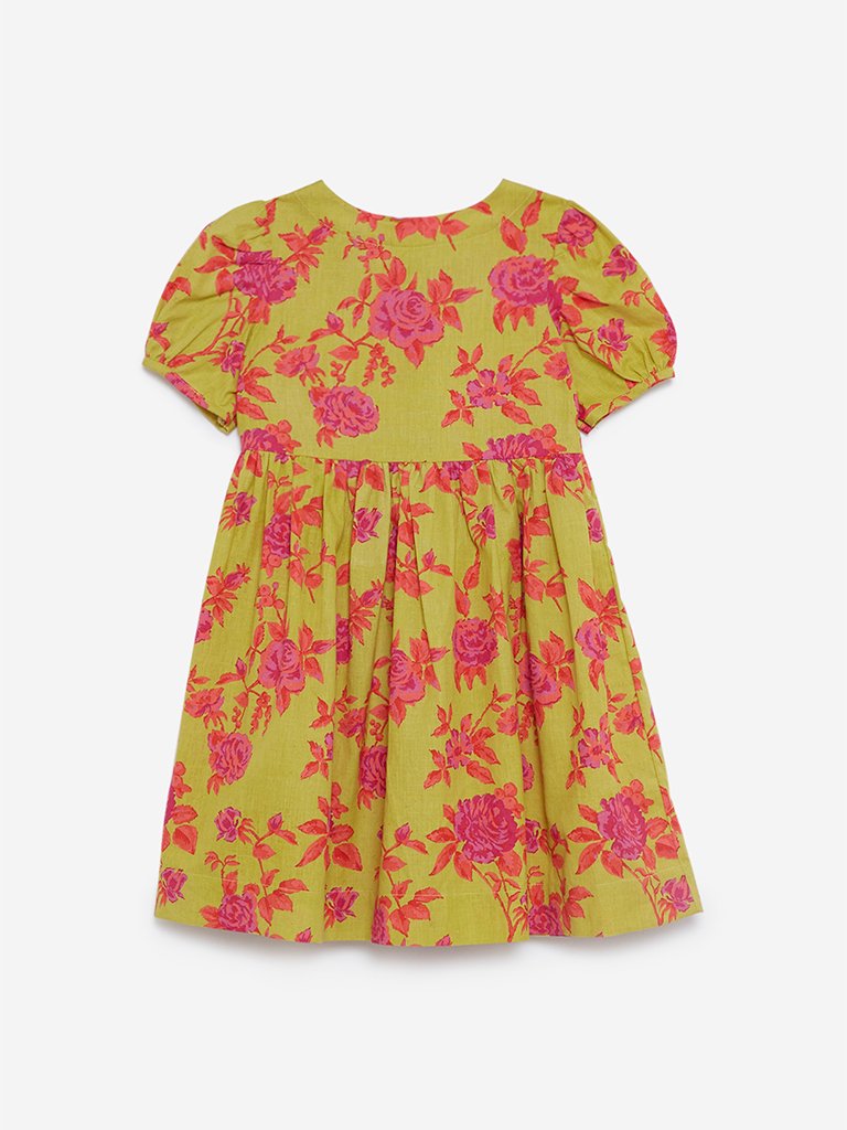Utsa Kids Lime Puffed-Sleeved Floral Dress