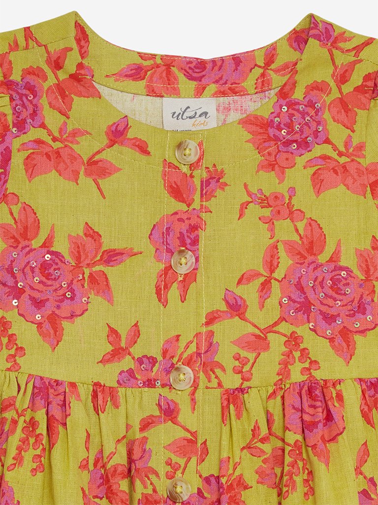 Utsa Kids Lime Puffed-Sleeved Floral Dress