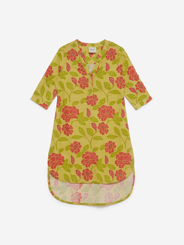 Utsa Kids Yellow Floral High-Low Kurta