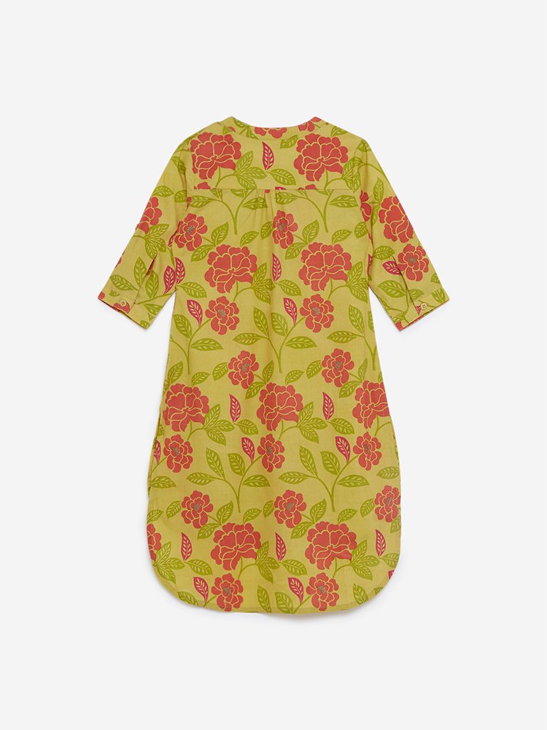 Utsa Kids Yellow Floral High-Low Kurta