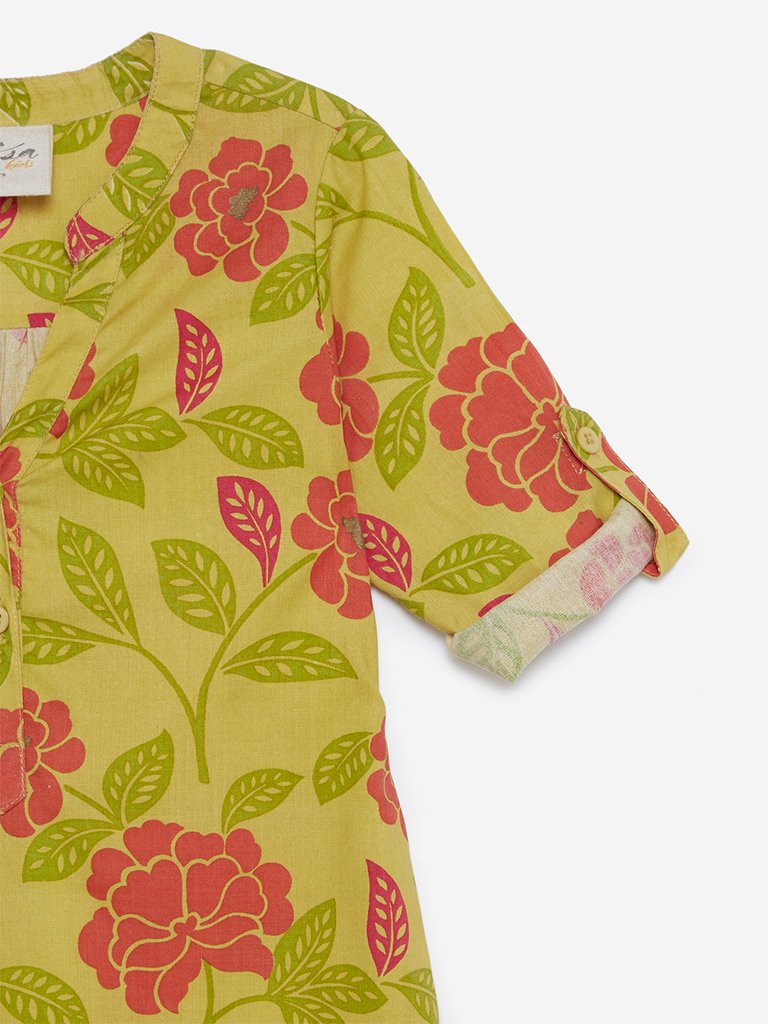 Utsa Kids Yellow Floral High-Low Kurta