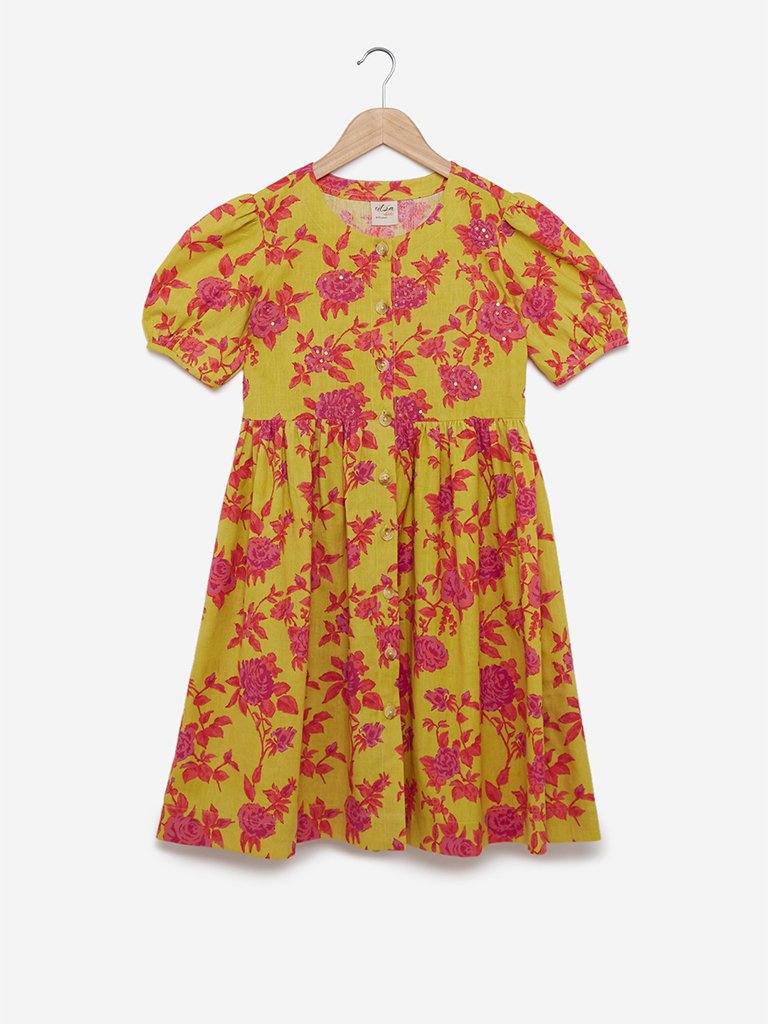 Utsa Kids Lime Puffed-Sleeved Floral Dress