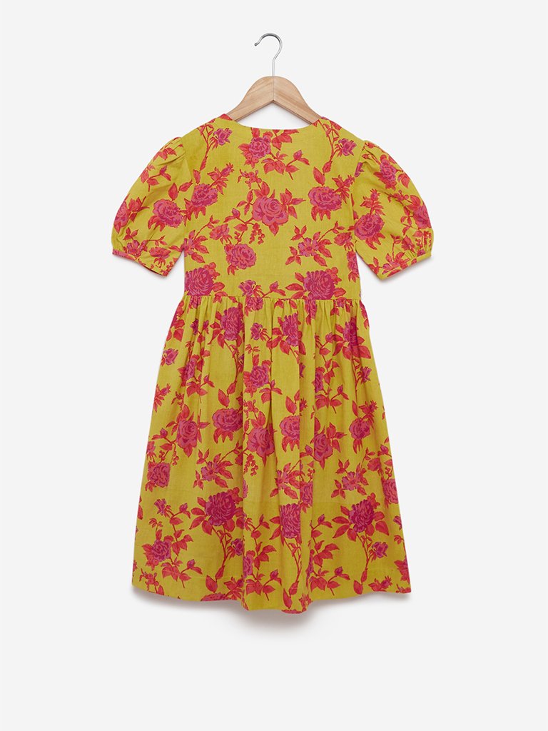 Utsa Kids Lime Puffed-Sleeved Floral Dress