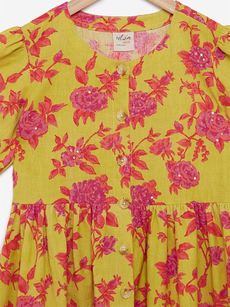 Utsa Kids Lime Puffed-Sleeved Floral Dress