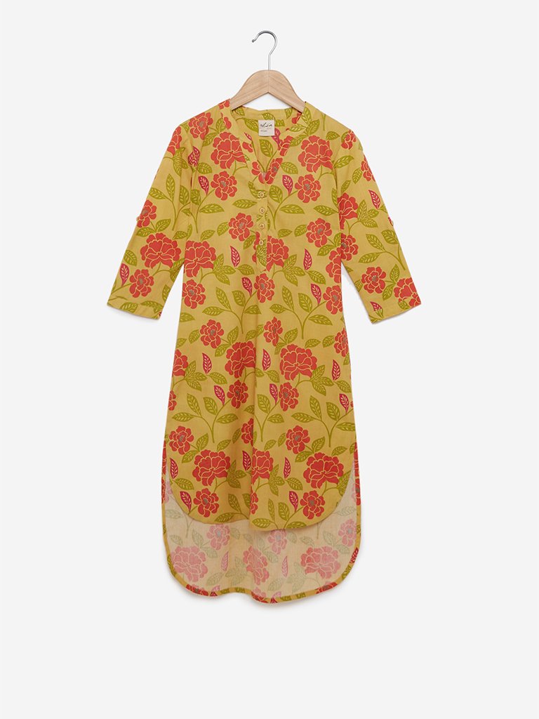 Utsa Kids Yellow Floral High-Low Kurta