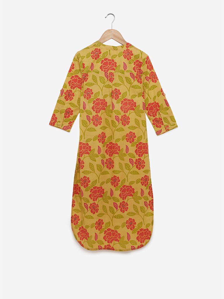Utsa Kids Yellow Floral High-Low Kurta