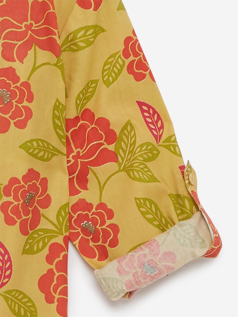 Utsa Kids Yellow Floral High-Low Kurta