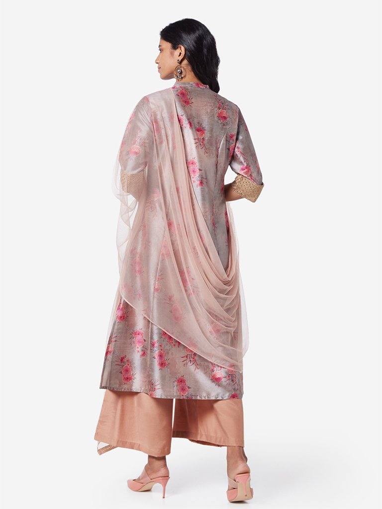 Vark Grey Floral Print Kurta And Palazzos Set