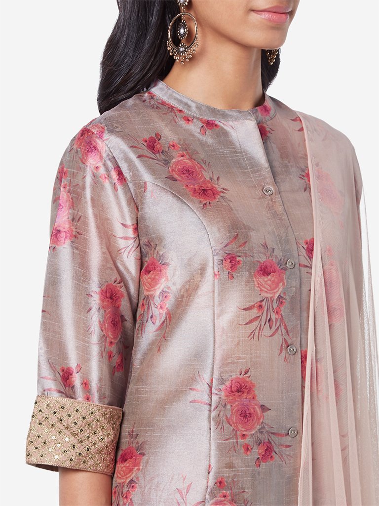 Vark Grey Floral Print Kurta And Palazzos Set