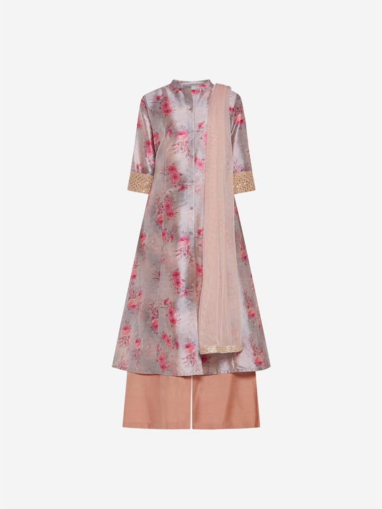 Vark Grey Floral Print Kurta And Palazzos Set