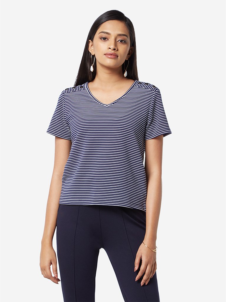 Wardrobe Navy Stripe Printed Rosh Top