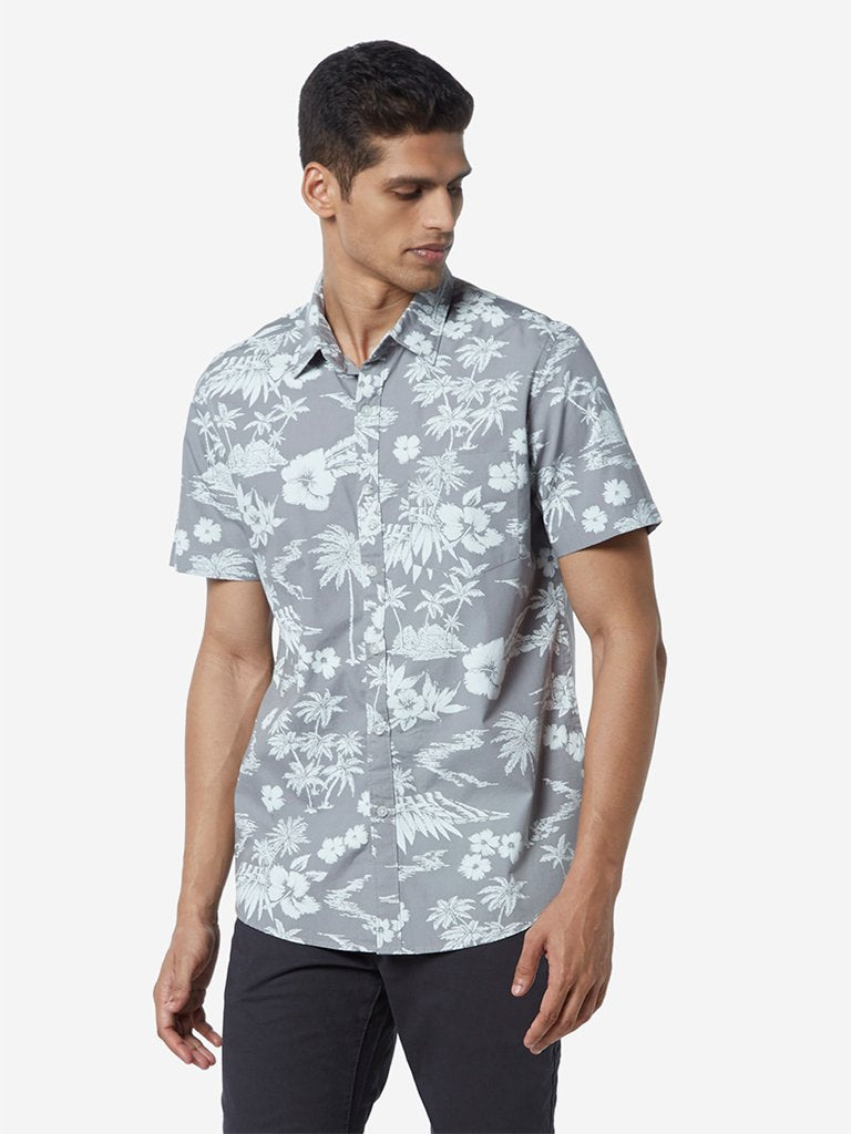 WES Casuals Light Grey Floral Slim Fit Shirt