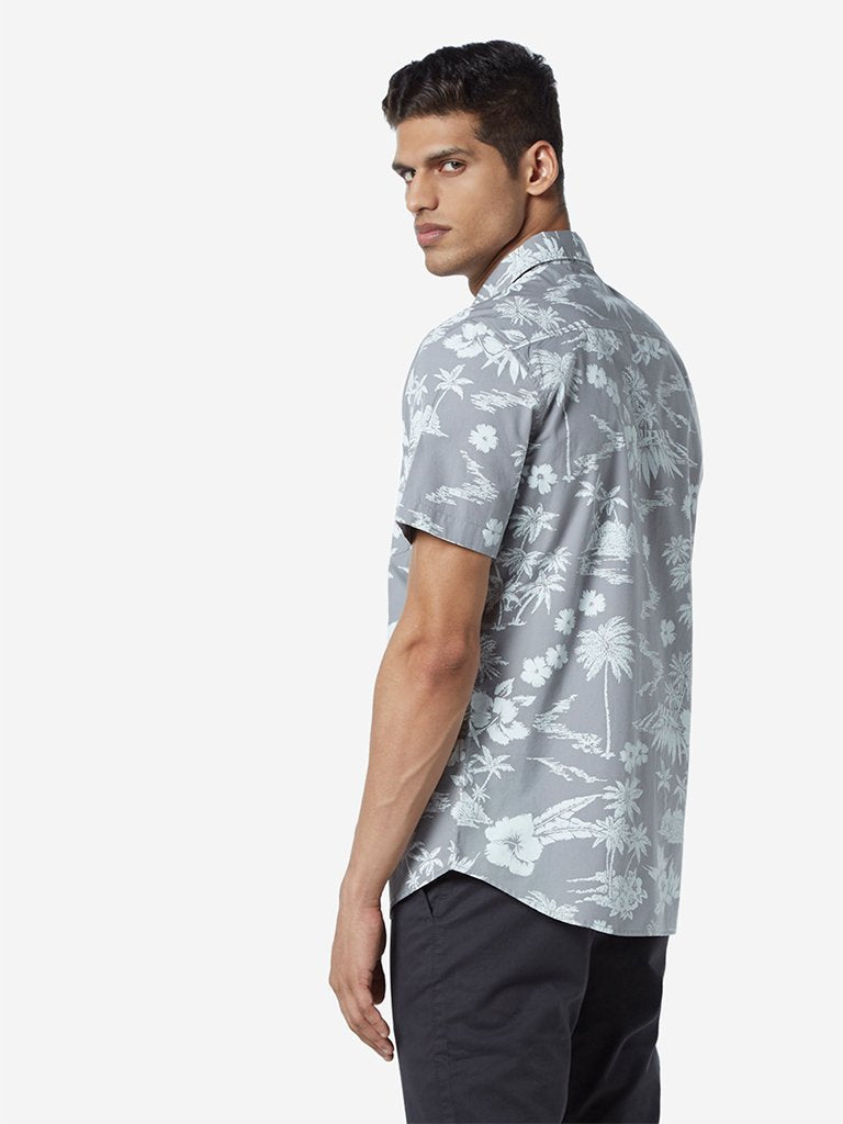 WES Casuals Light Grey Floral Slim Fit Shirt