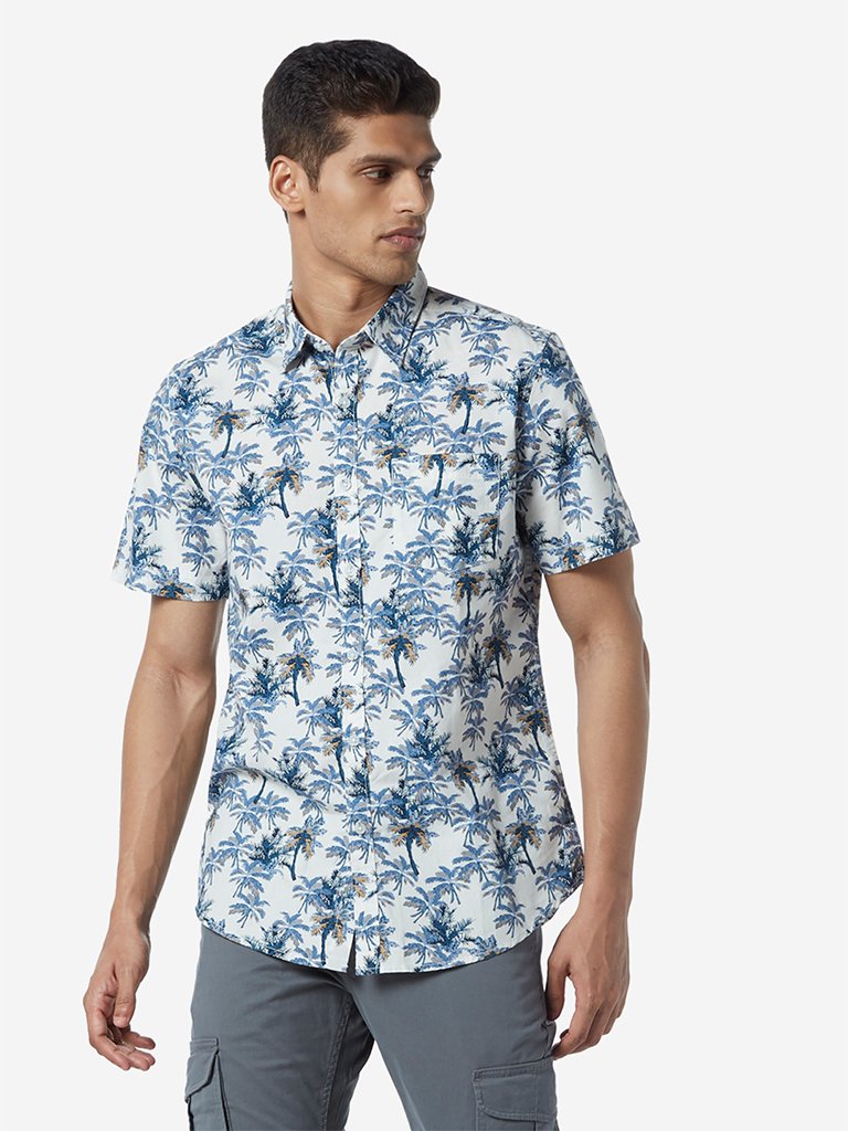 WES Casuals White Palm-Tree Print Slim Fit Shirt