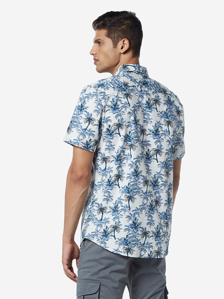 WES Casuals White Palm-Tree Print Slim Fit Shirt