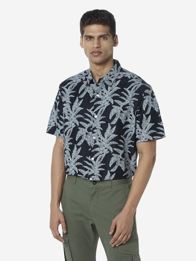 WES Casuals Black Leaf Printed Relaxed Fit Shirt