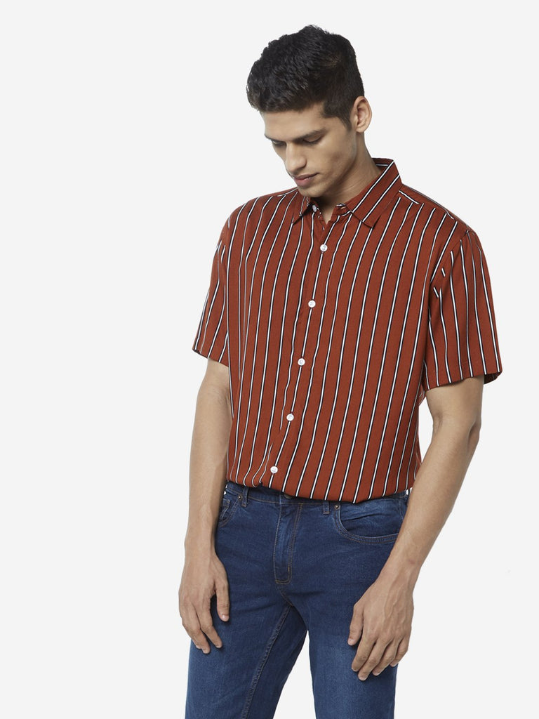 WES Casuals Rust Stripe Print Relaxed Fit Shirt