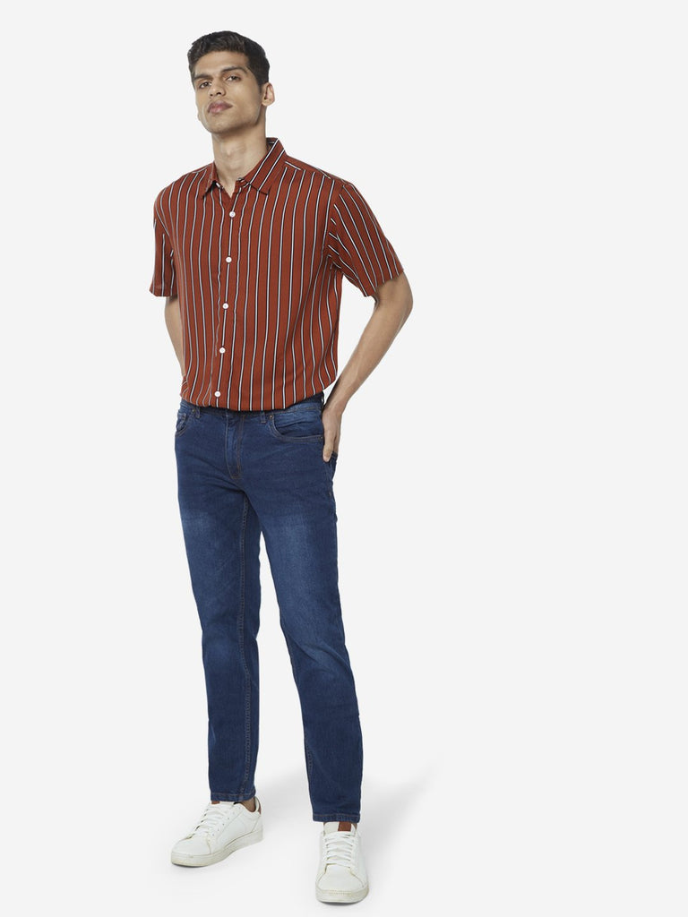 WES Casuals Rust Stripe Print Relaxed Fit Shirt