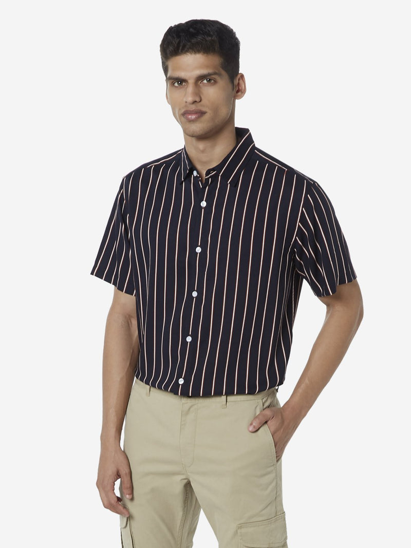 WES Casuals Navy Stripe Print Relaxed Fit Shirt