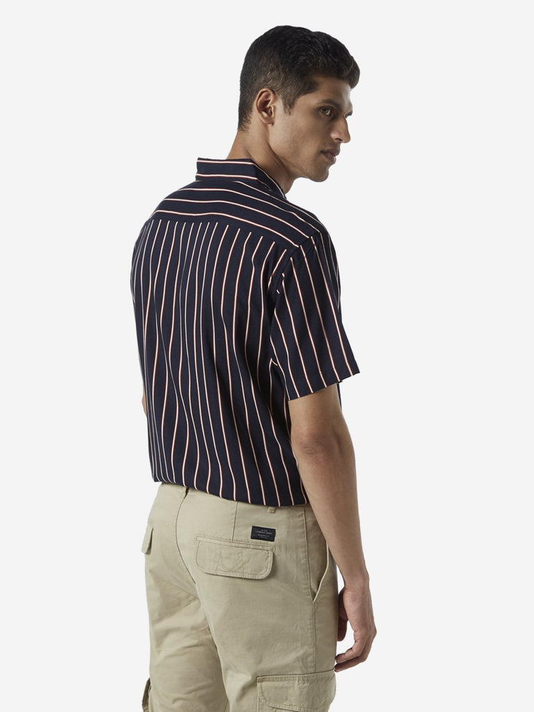 WES Casuals Navy Stripe Print Relaxed Fit Shirt