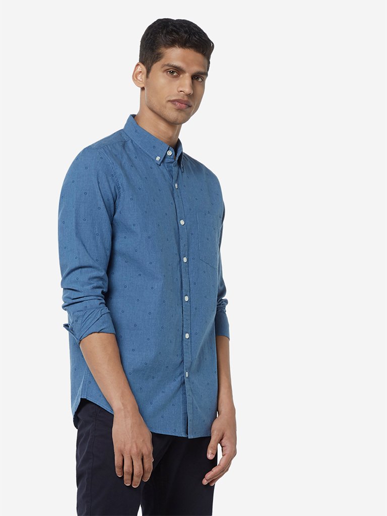 WES Casuals Blue Printed Slim Fit Shirt