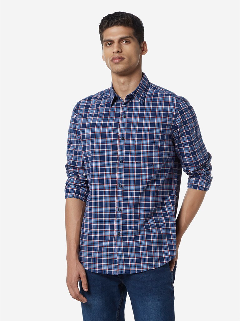 WES Casuals Navy Plaid Print Slim Fit Shirt