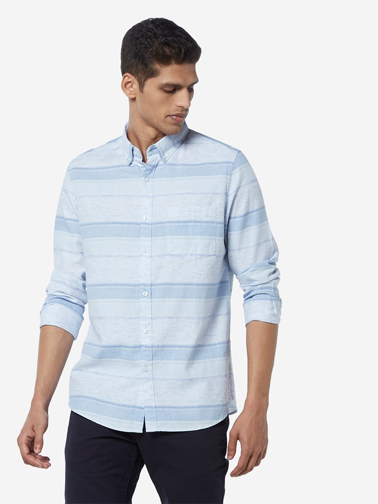 WES Casuals Light Blue Striped Slim Fit Shirt