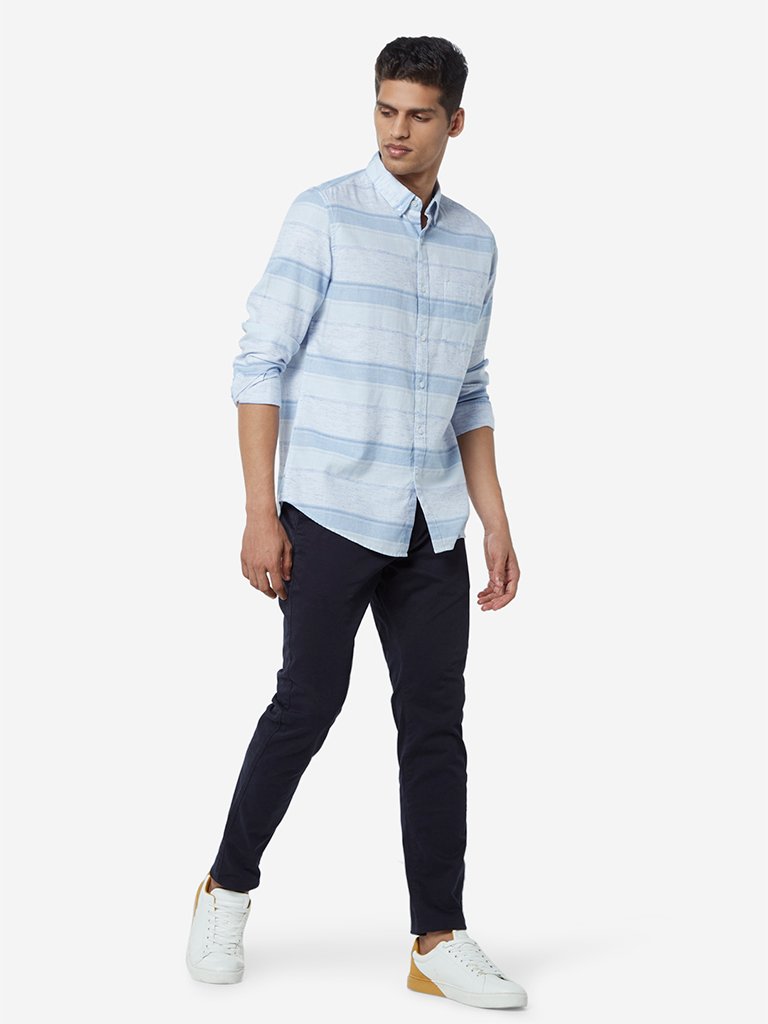 WES Casuals Light Blue Striped Slim Fit Shirt