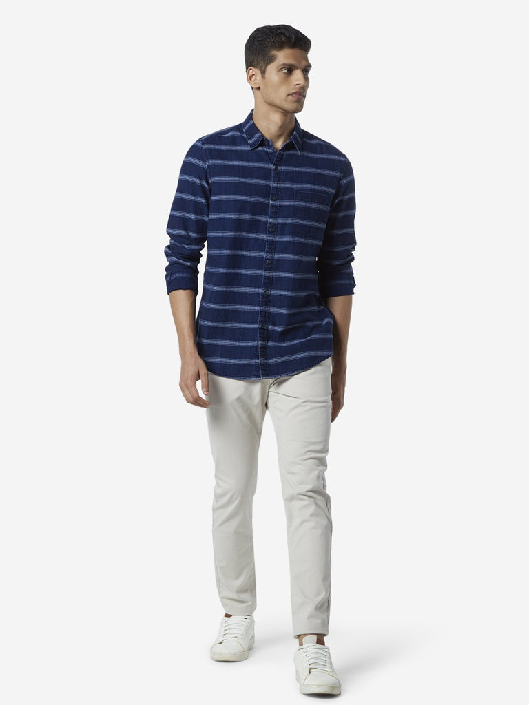WES Casuals Indigo Striped Slim Fit Shirt
